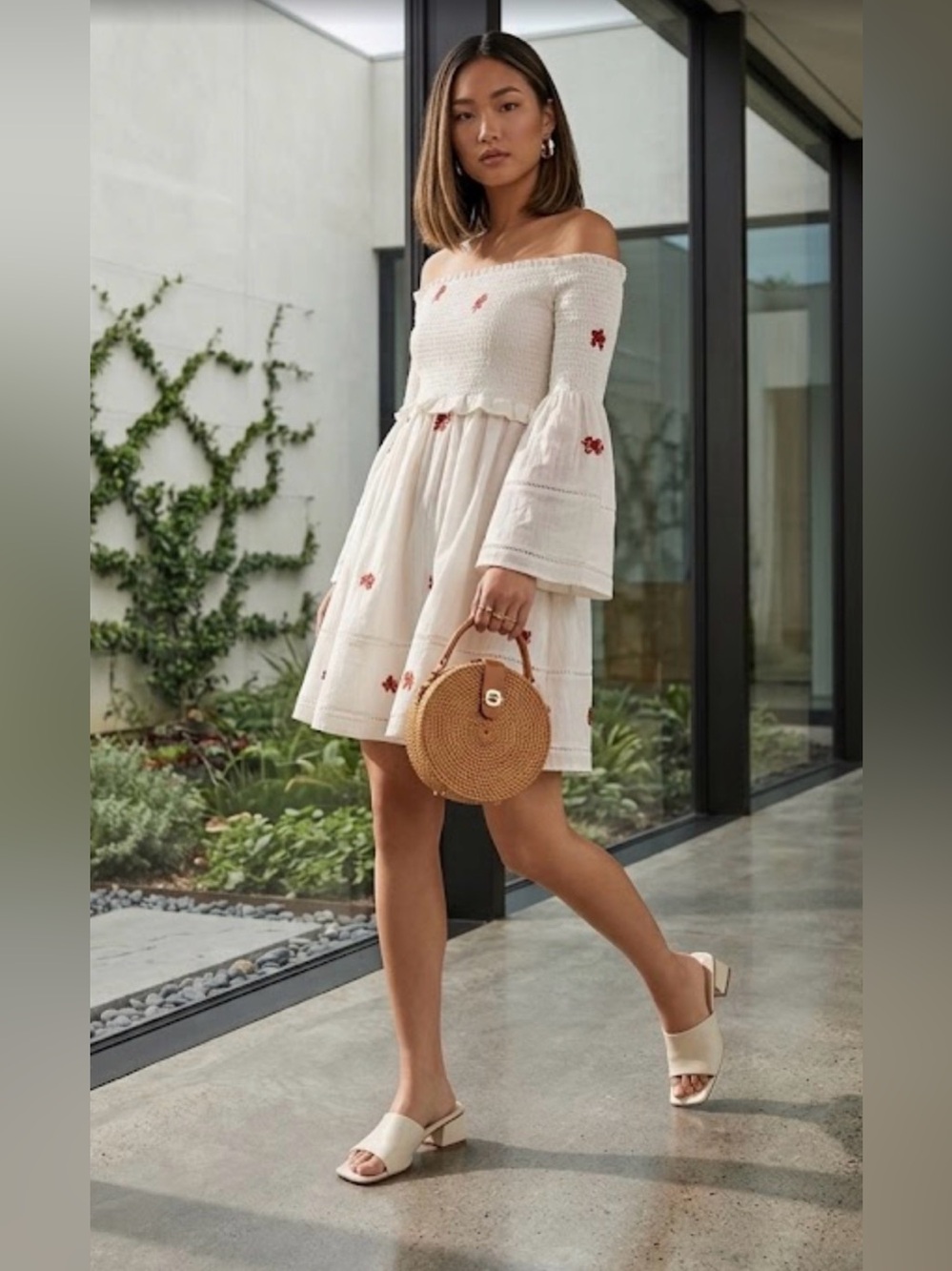 EMBROIDERED OFF THE SHOULDER FREE PEOPLE DRESS FLORAL Boho Pockets Vacation